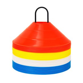 Fleksible trningskegler i rd, gul, hvid og bl