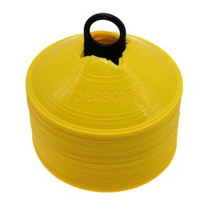 Precision gule tr�ningstoppe med 50 fleksible markeringskegler i bl�d plast og praktisk holder til fodboldtr�ning og sports�velser.