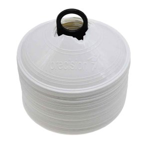 Precision hvide tr�ningstoppe med 50 fleksible markeringskegler i bl�d plast og praktisk holder til fodboldtr�ning og sports�velser.