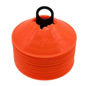 Precision orange tr�ningstoppe med 50 fleksible markeringskegler i bl�d plast og praktisk holder til fodboldtr�ning og sports�velser.