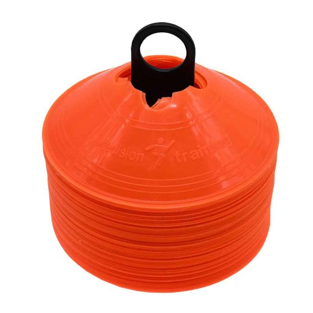 Precision orange tr�ningstoppe med 50 fleksible markeringskegler i bl�d plast og praktisk holder til fodboldtr�ning og sports�velser.