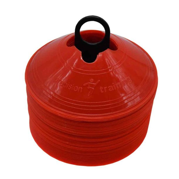 Precision r�de tr�ningstoppe med 50 fleksible markeringskegler i bl�d plast og praktisk holder til fodboldtr�ning og sports�velser.