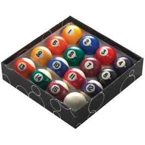 pool baller 16 stk. 57,2 mm med ensfarvede, stribede, 8-ball og hvid ball i opbevaringsske.