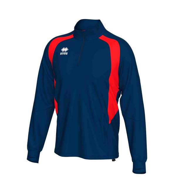 Unisex tr�ningstr�je med half-zip i m�rkebl� med r�d detalje.