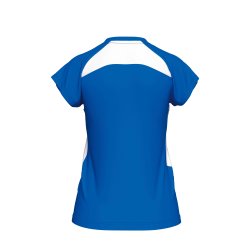 Anika dame spillertr�je i recycled polyester &ndash; bl� med hvid detalje og slank pasform.