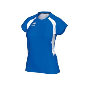 Anika dame spillertr�je i recycled polyester &ndash; bl� med hvid detalje og slank pasform.