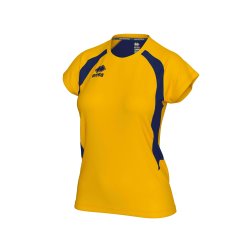 Anika dame spillertr�je i recycled polyester &ndash; gul med m�rkebl� detalje og slank pasform.