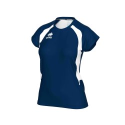 Anika dame spillertr�je i recycled polyester &ndash; m�rkebl� med hvid detalje og slank pasform.