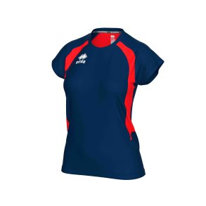 Anika dame spillertr�je i recycled polyester &ndash; m�rkebl� med r�d detalje og slank pasform.