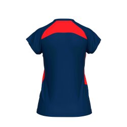 Anika dame spillertr�je i recycled polyester &ndash; m�rkebl� med r�d detalje og slank pasform.