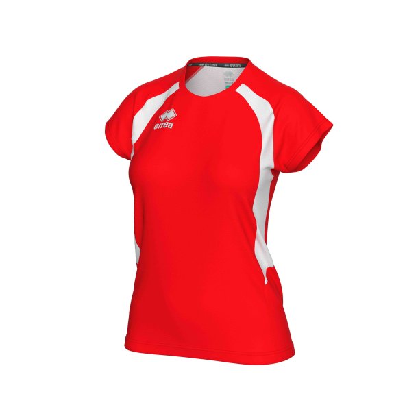 Anika dame spillertr�je i recycled polyester &ndash; r�d med hvid detalje og slank pasform.