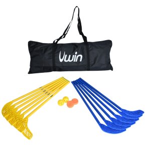 Indend�rs floorball s�t til 12 personer med 12 stave p� 70 cm, bolde, PVC-pucks og polyester b�retaske.