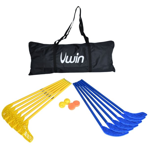 Indend�rs floorball s�t til 12 personer med 12 stave p� 70 cm, bolde, PVC-pucks og polyester b�retaske.