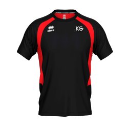 Erre� Adrien spillertr�je i sort med r�de kontrastdetaljer, raglan�rmer og Det Kristne Gymnasiums logo p� venstre bryst