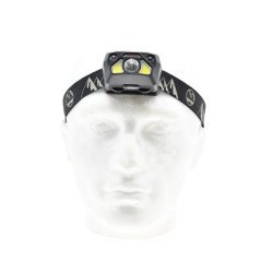 Six Peaks genopladelig LED pandelampe med bev�gelsessensor, 6 lysfunktioner, IPX5 vandafvisning og justerbar lysvinkel.