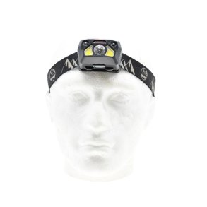 Six Peaks genopladelig LED pandelampe med bev�gelsessensor, 6 lysfunktioner, IPX5 vandafvisning og justerbar lysvinkel.