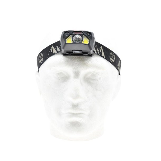 Six Peaks genopladelig LED pandelampe med bev�gelsessensor, 6 lysfunktioner, IPX5 vandafvisning og justerbar lysvinkel.