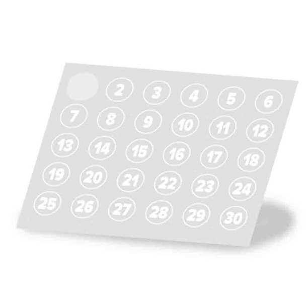 Nummerklisterm�rker 1&ndash;30 i hvid til drikkedunke.