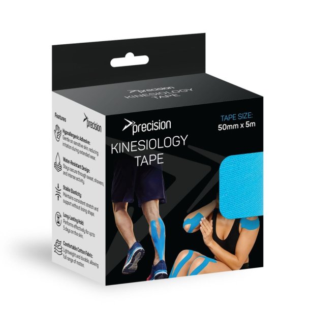 Precision Kinesiology Tape 5 cm x 5 m, fleksibel og vandafvisende kinesiotape til st�tte af muskler og led i flere farver.