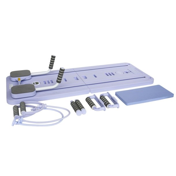 Urban Fitness multifunktionelt Pilates Reformer Board til reformer-inspireret hjemmetr�ning med resistance bands, ab roller, push-up h�ndtag og LED-timer.