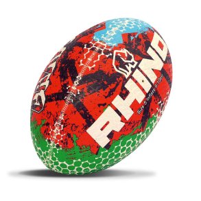 Rhino Graffiti rugbybold i genanvendt gummi med farverigt graffiti-design
