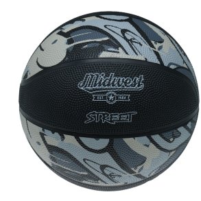 Sort og gr� Midwest Street Basketball i performance-gummi til indend�rs og udend�rs basketball, f�s i st�rrelse 3, 5, 6 og 7.