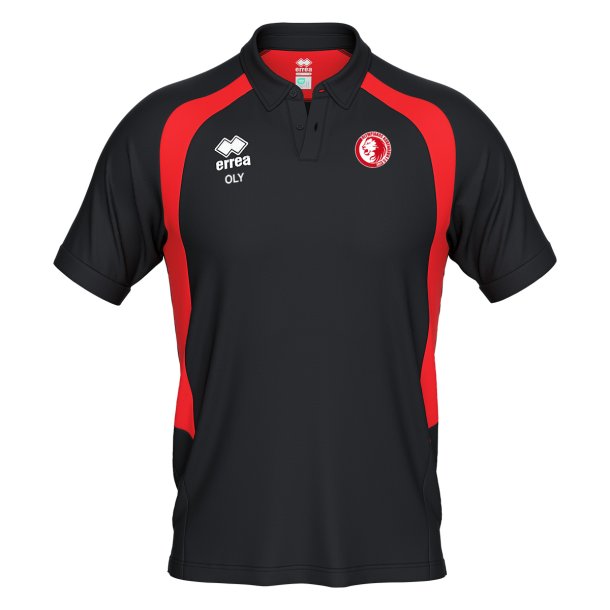 Black and red Olympiakos Erre� Arco polo shirt with small Olympiakos club logo on the front