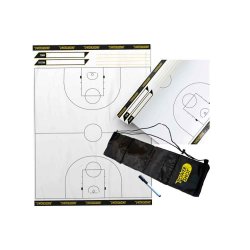 Taktikark 60x79 cm med basketballdiagram, vist sammen med tusch og taske.