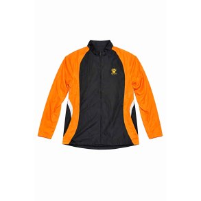 Tr�nings- og l�bejakke i orange og sort med reflekser foran.