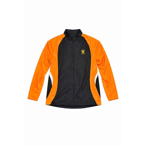 Tr�nings- og l�bejakke i orange og sort med reflekser foran.