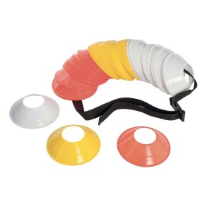 Precision mini tr�ningskegler med 60 fleksible markeringskegler i hvid, gul og orange til fodboldtr�ning og sports�velser