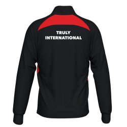 Back of black and red Olympiakos half-zip training jacket with Truly International print