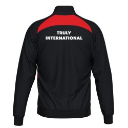 Back of black and red Olympiakos Erre� Amedeo training jacket with Truly International print