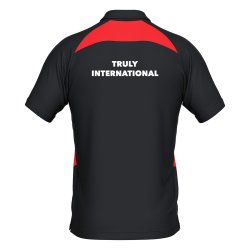 Back of black and red Olympiakos Erre� Arco polo shirt with large Truly International print