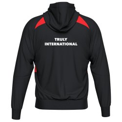 Back of black and red Olympiakos Erre� Aris hoodie with large Truly International print