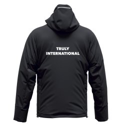 Back of black Olympiakos Erre� Babylon winter jacket with large Truly International print
