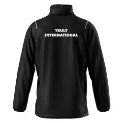 Back of black Olympiakos Erre� Pressing rain jacket with Truly International print