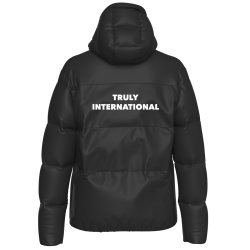 Back of black Olympiakos Erre� Vegas winter jacket with Truly International print