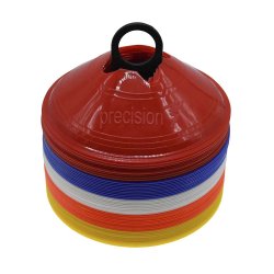 Precision Saucer tr�ningstoppe med 50 fleksible markeringskegler i fem farver og fordybninger til agilityst�nger til fodbold og sport.