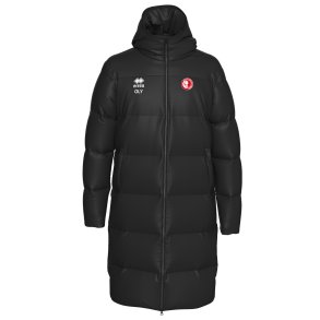 Long black Olympiakos Erre� Vegas coach jacket with small Olympiakos logo on the chest