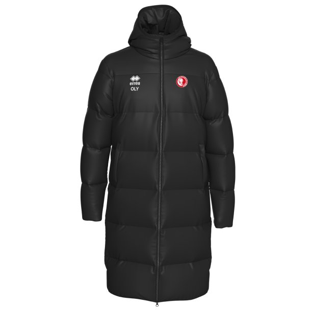 Long black Olympiakos Erre� Vegas coach jacket with small Olympiakos logo on the chest